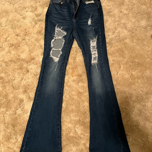 SHEIN Denim - SHEIN Dark Blue Distressed Wide Leg Jeans